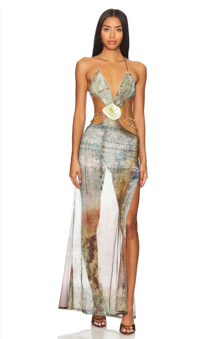 Jaded London Vida Backless Maxi Dress M Shell Trim Cutout Mesh Beaded Y2K
